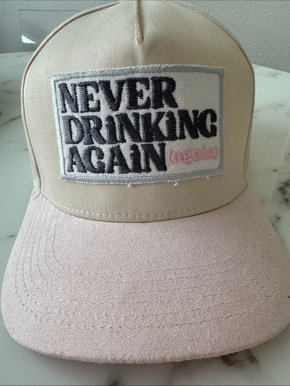 Never Drinking Again Patch Trucker Hat - Beige & Light Pink